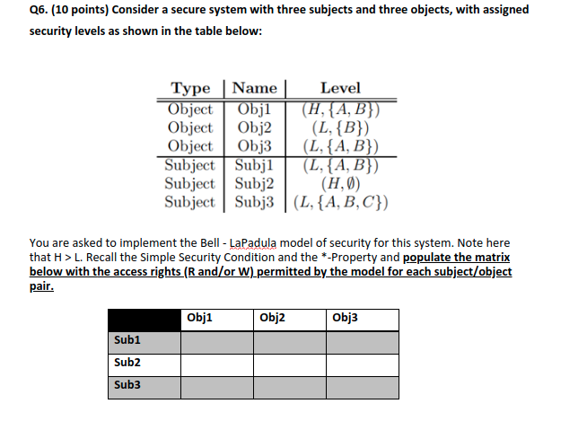 Solved Q6. (10 points) Consider a secure system with three | Chegg.com