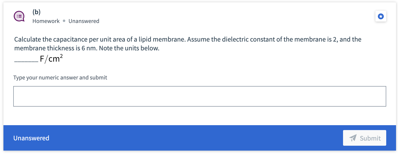 Solved Calculate the capacitance per unit area of a lipid | Chegg.com
