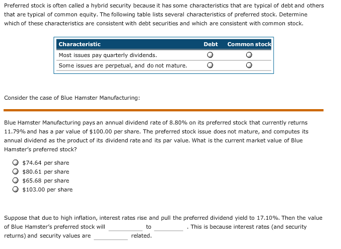 Solved Preferred stock is often called a hybrid security