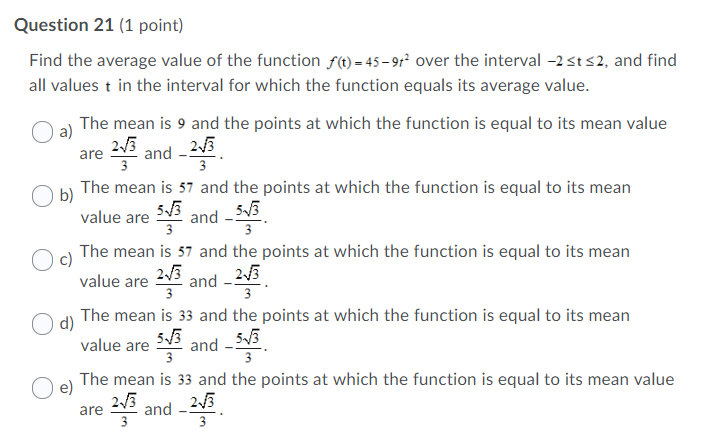 Solved are Question 21 (1 point) Find the average value of | Chegg.com