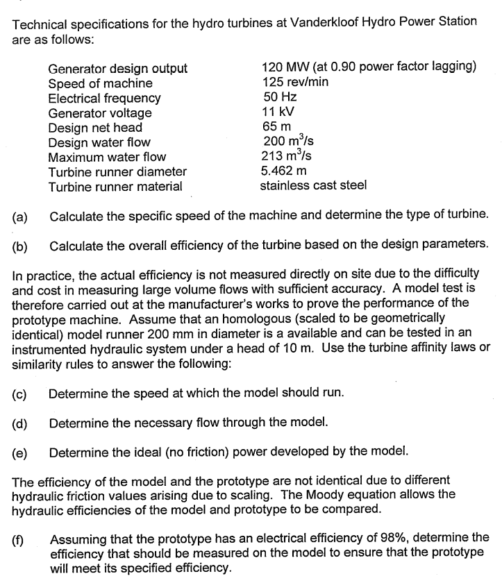 Solved Technical specifications for the hydro turbines at