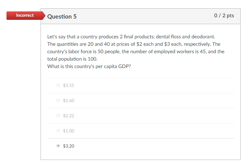 Solved Incorrect Question 1 0/2 pts Let's say that a country | Chegg.com
