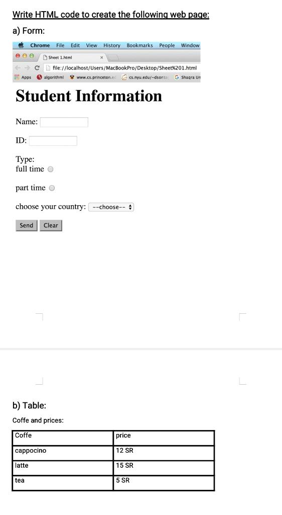 Solved Write HTML code to create the following web page: a) | Chegg.com