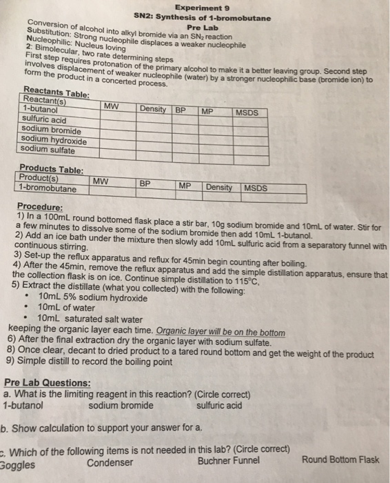 Experiment 9 SN2: Synthesis of 1-bromobutane Pre Lab | Chegg.com