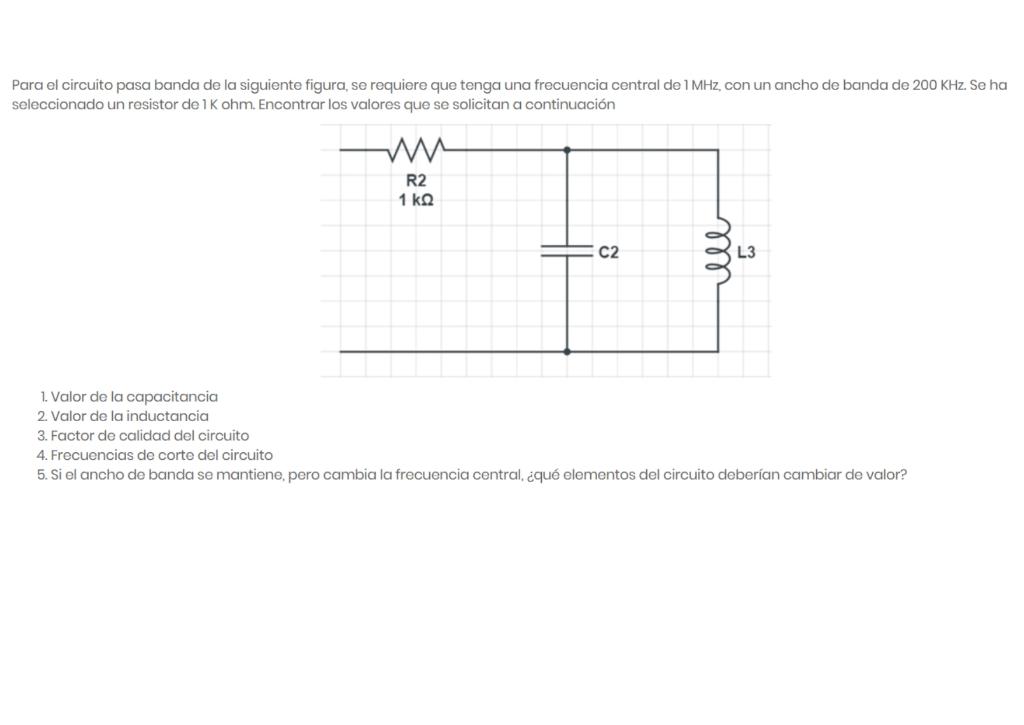 Para el circuito pasa banda de la siguiente figura, se requiere que tenga una frecuencia central de \( 1 \mathrm{MHz} \), con