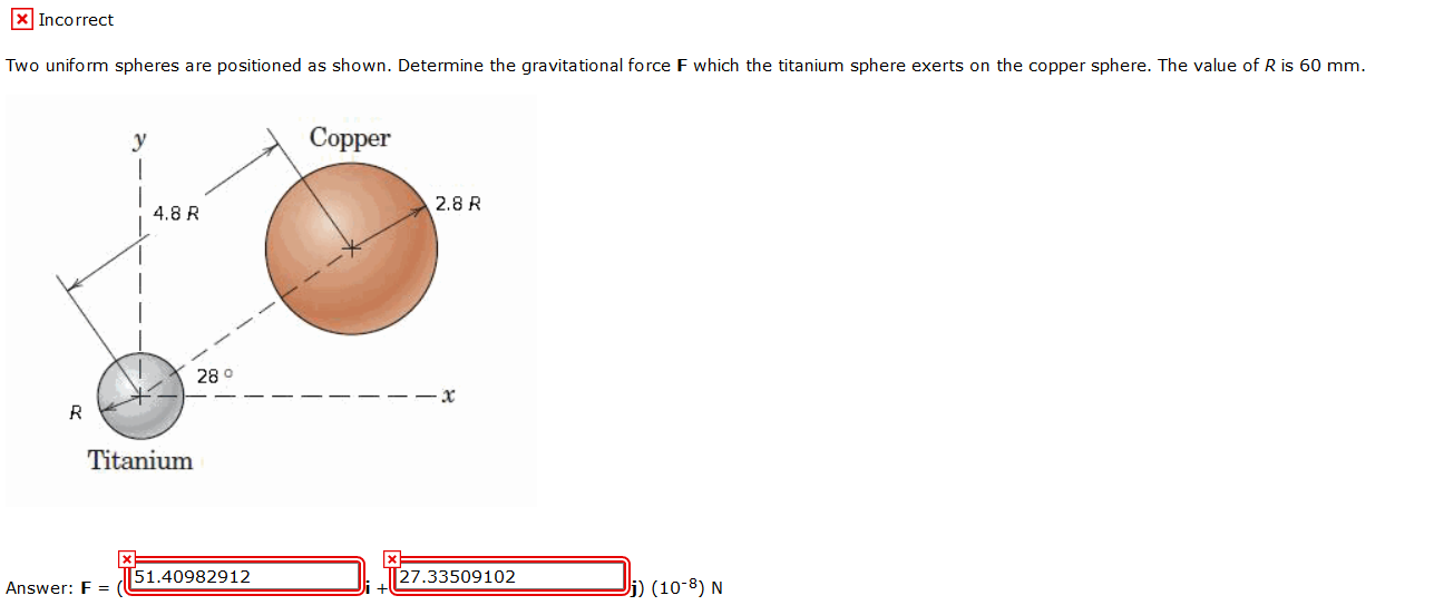 Solved X Incorrect Two Uniform Spheres Are Positioned As | Chegg.com