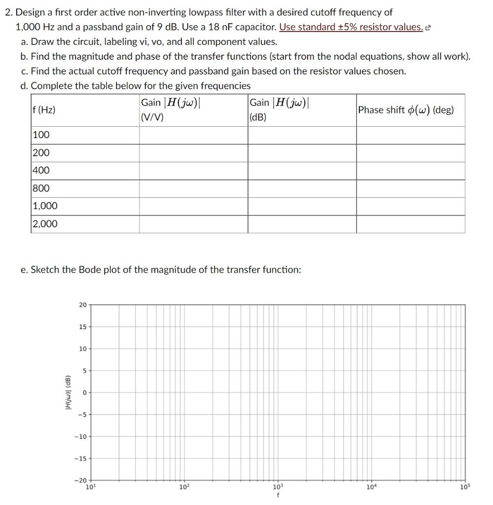 Solved 2. Design a first order active non-inverting lowpass | Chegg.com