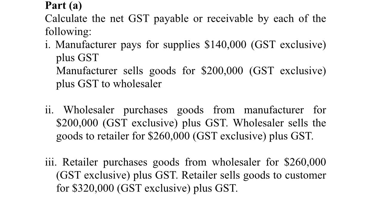 Solved Part (a) Calculate the net GST payable or receivable