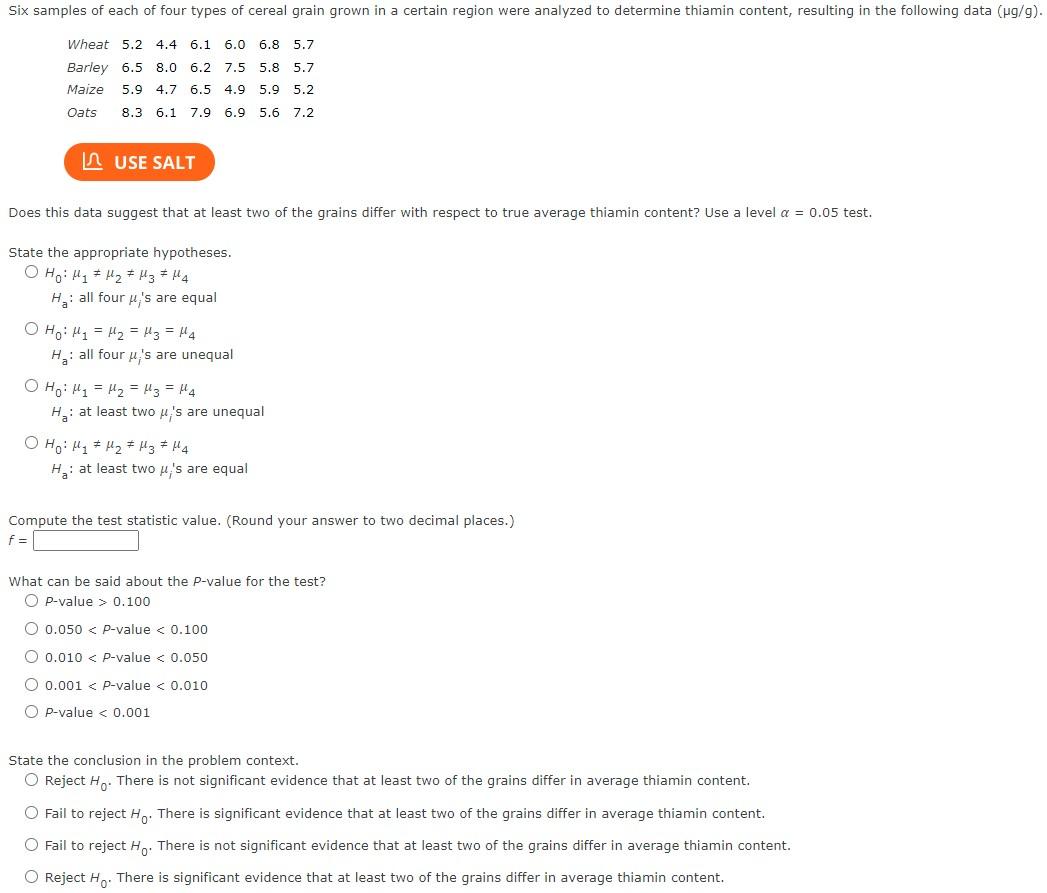 Solved Six samples of each of four types of cereal grain | Chegg.com