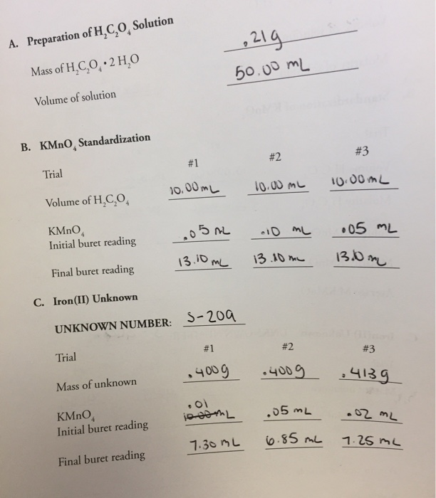 Solved Please Help Calculate Volume Of Kmno4 Molarity Of