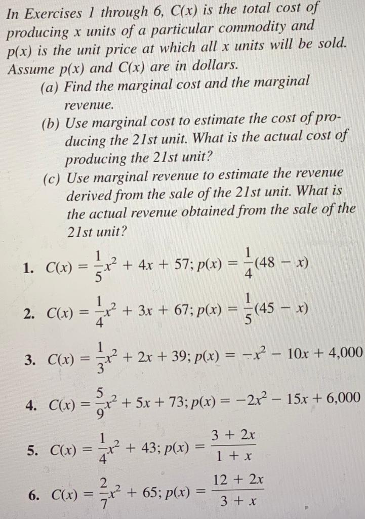 Solved In Exercises 1 through 6, C(x) is the total cost of | Chegg.com