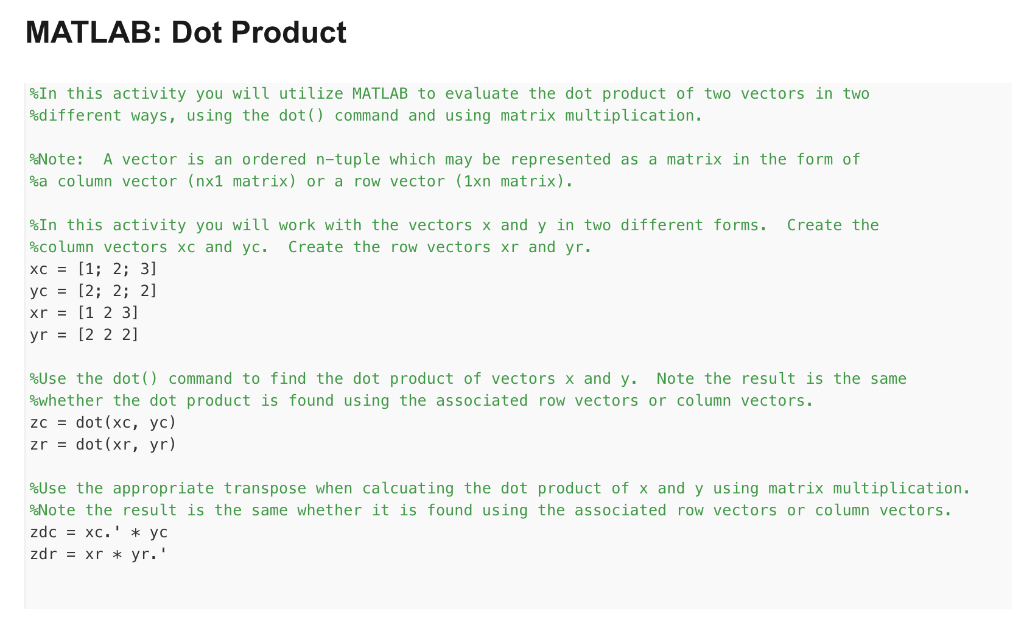 Solved MATLAB: Dot Product %In this activity you will | Chegg.com