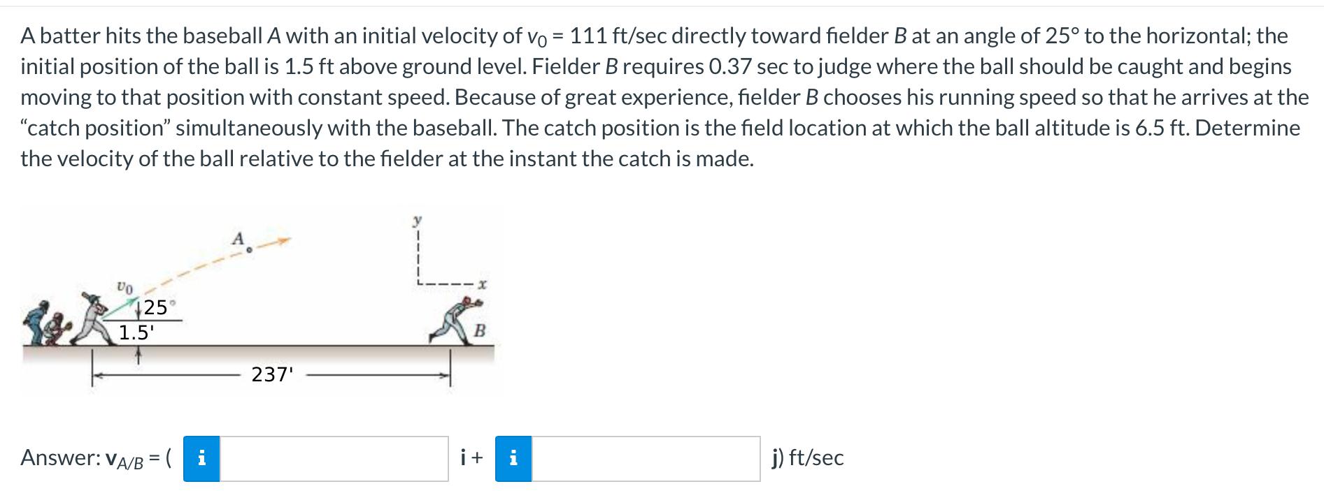 A batter hits the baseball \( A \) with an initial velocity of \( v_{0}=111 \mathrm{ft} / \mathrm{sec} \) directly toward fie