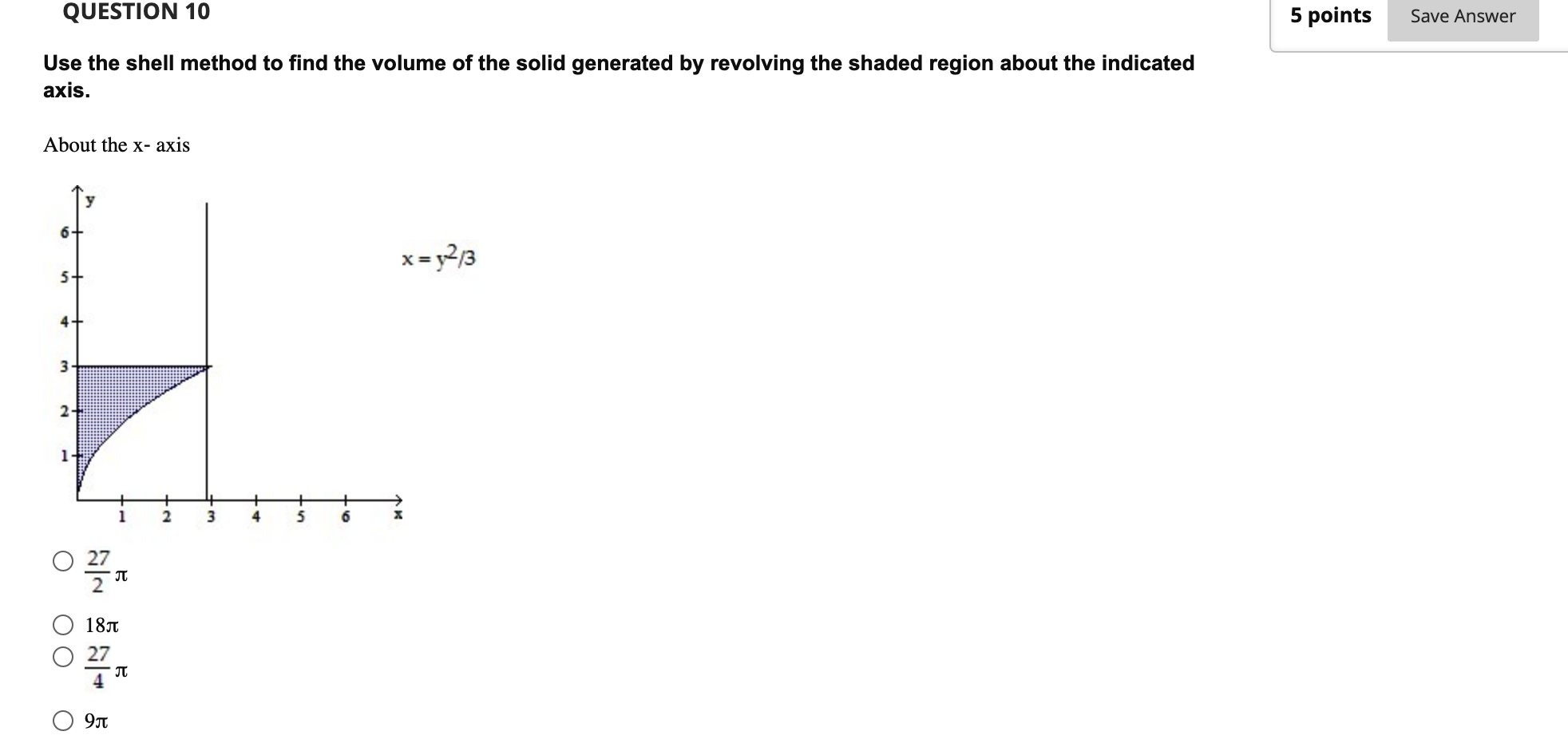 Solved QUESTION 10 5 points Save Answer Use the shell method | Chegg.com