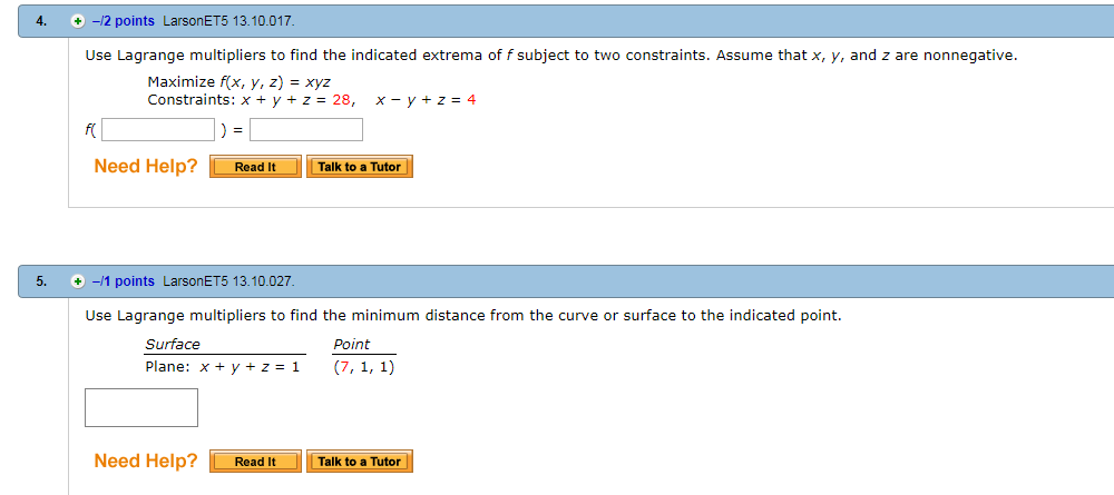 Solved 4. +-12 points LarsonET5 13.10.017 Use Lagrange | Chegg.com