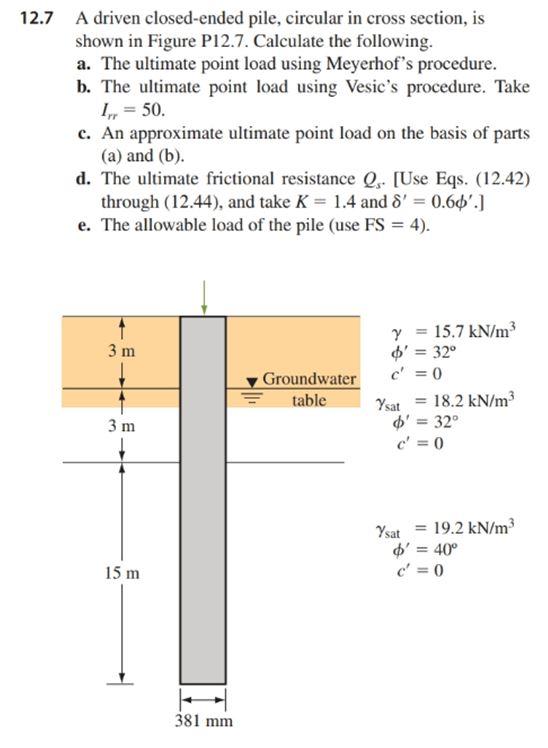 Solved 12.7 A driven closed-ended pile, circular in cross | Chegg.com