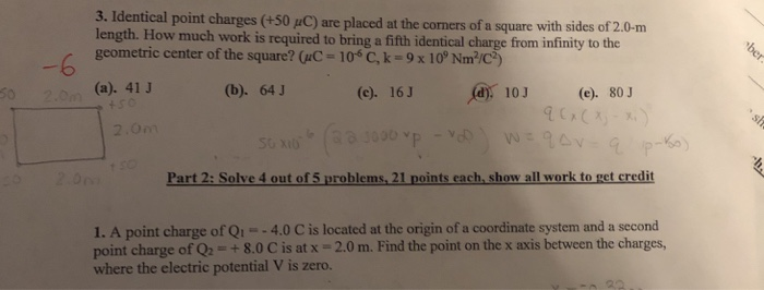 Solved 3. Identical point charges (+50 /C) are placed at the | Chegg.com