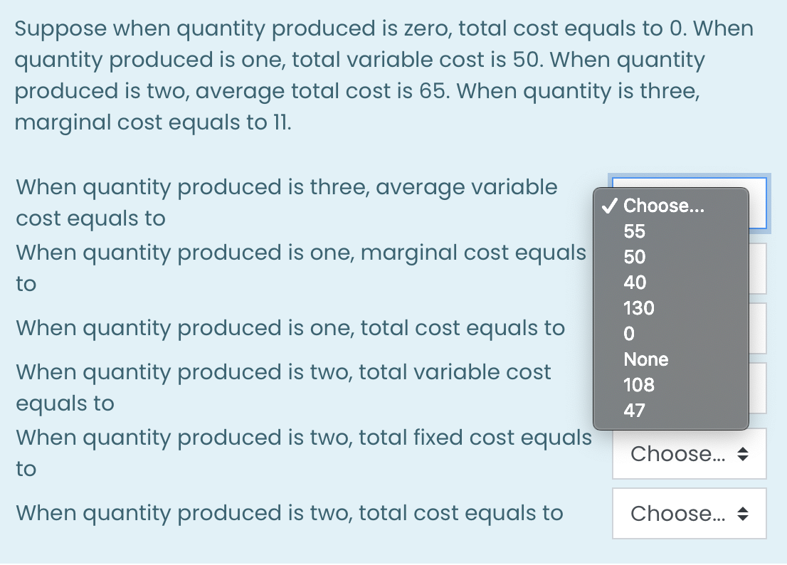 Solved Suppose when quantity produced is zero, total cost