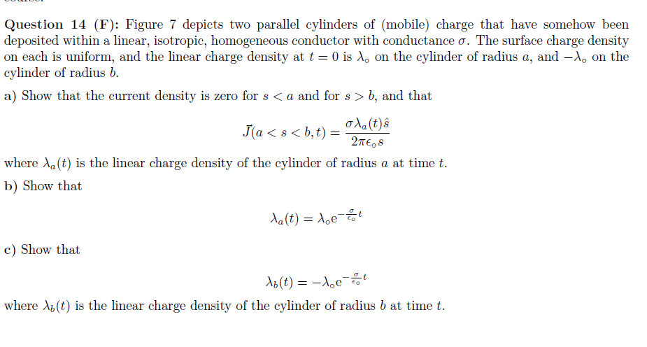 Question 14 (F): Figure 7 depicts two parallel cylinders of (mobile) charge that have somehow been
deposited within a linear,