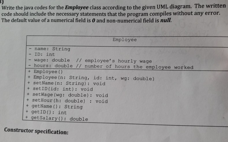 Solved 3) Write the java codes for the Employee class | Chegg.com