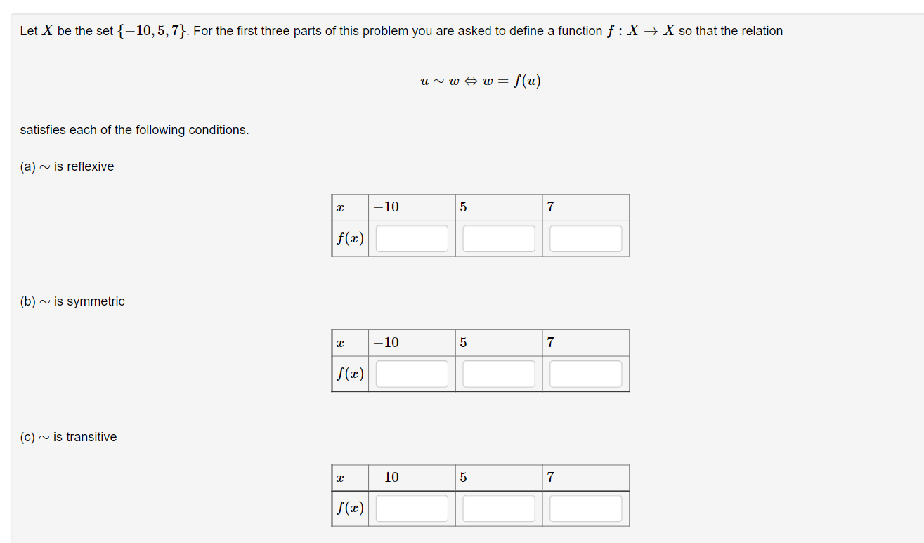 Solved Let X be the set {−10,5,7}. For the first three parts | Chegg.com