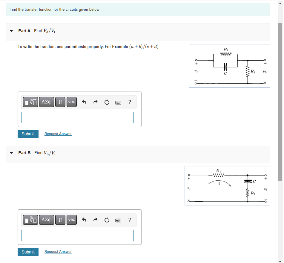 Solved Find the transfer function for the circuits given | Chegg.com