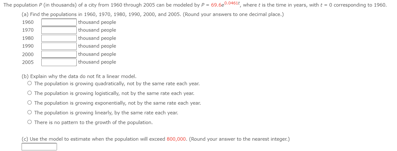 Solved The population P (in thousands) of a city from 1960 | Chegg.com