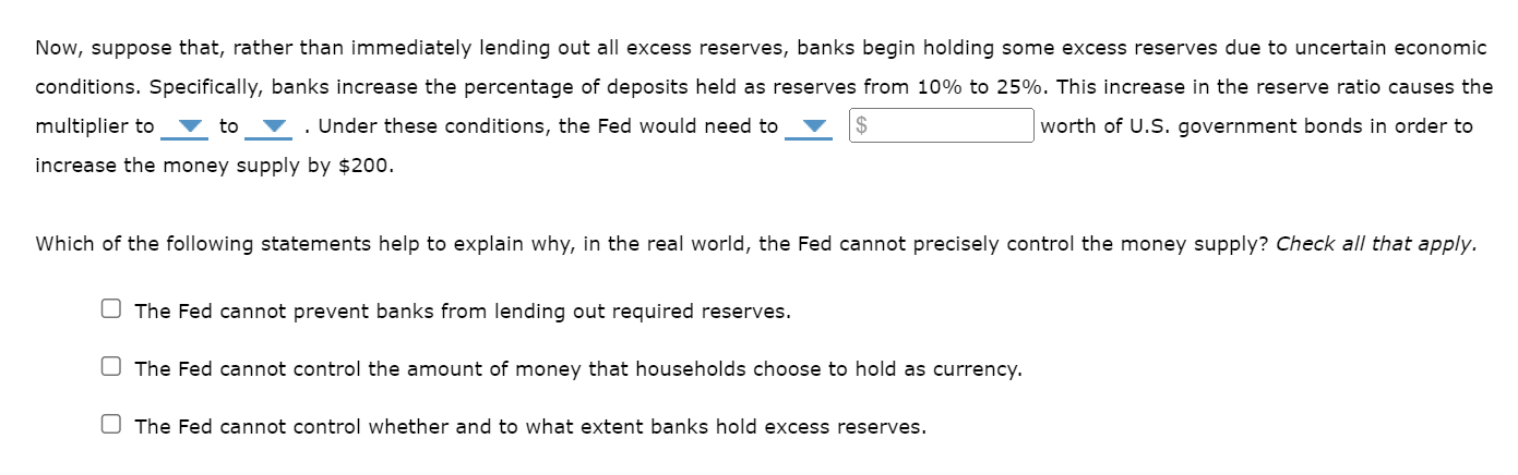 Now, suppose that, rather than immediately lending out all excess reserves, banks begin holding some excess reserves due to u