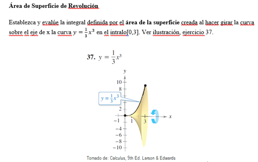 Área de Superficie de Revolución Establezca y exalúe la integral definida por el área de la superficie creada al hacer girar