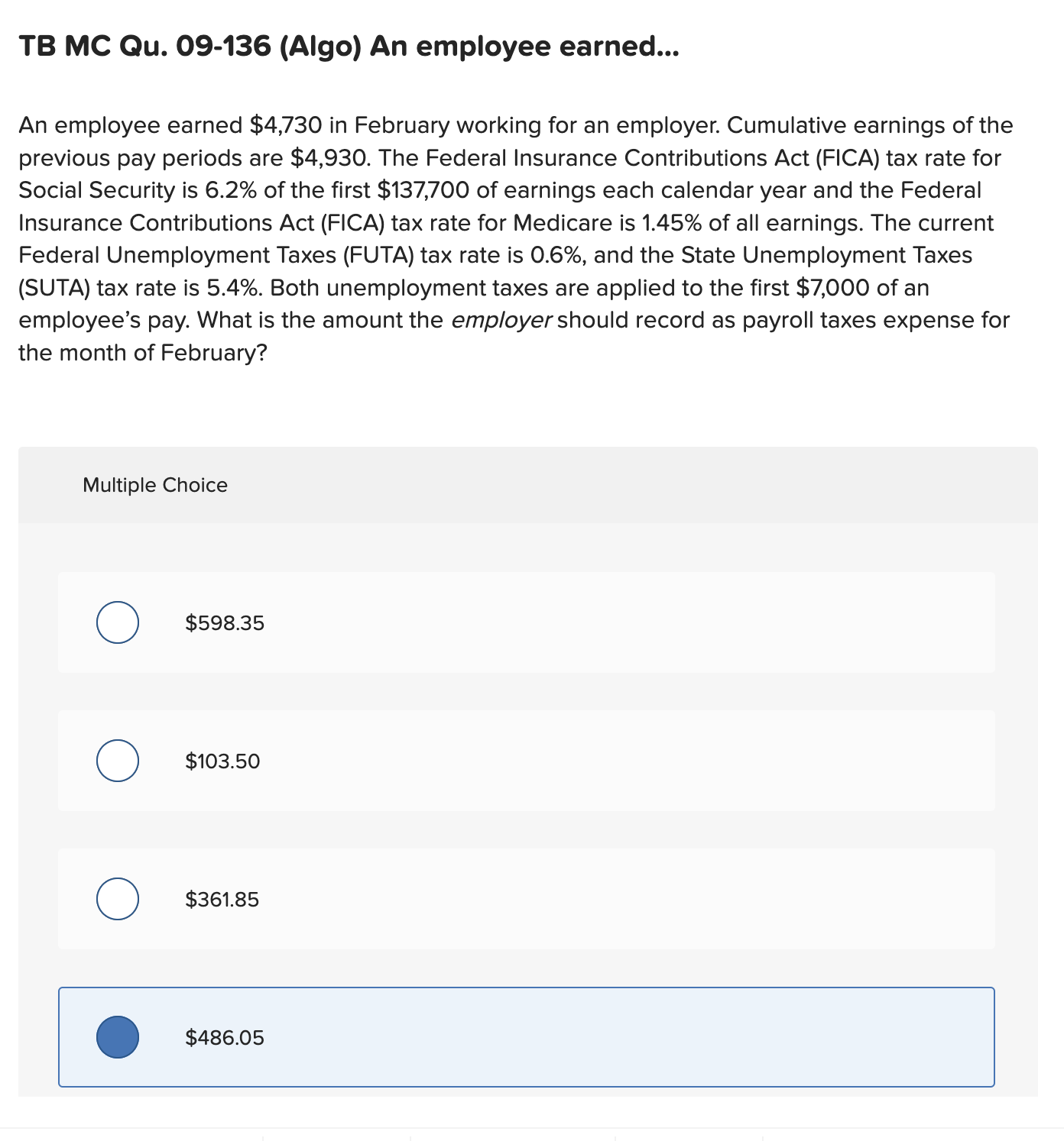 Solved TB MC Qu. 09136 (Algo) An employee earned... An