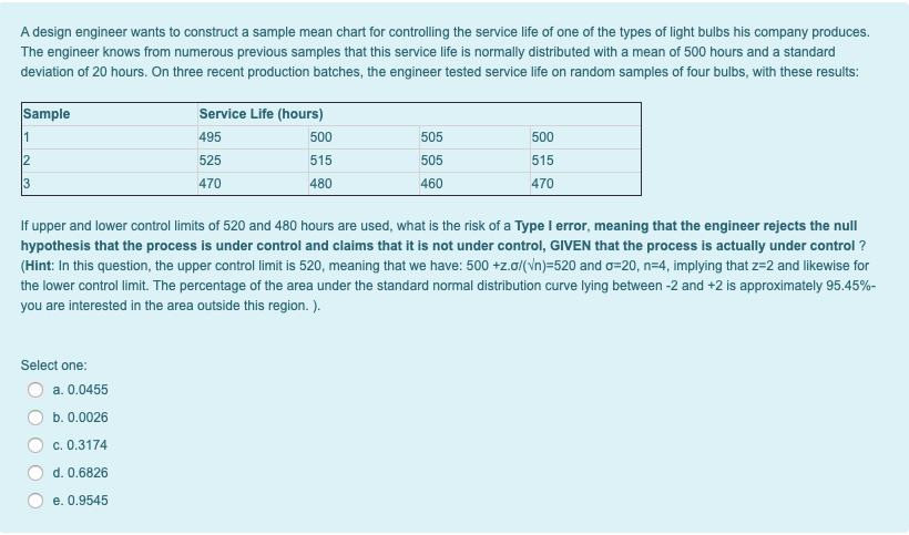 A design engineer wants to construct a sample mean chart for controlling the service life of one of the types of light bulbs