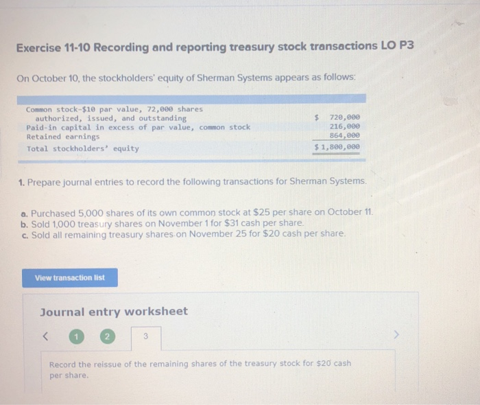 Solved Exercise 11 10 Recording And Reporting Treasury Stock