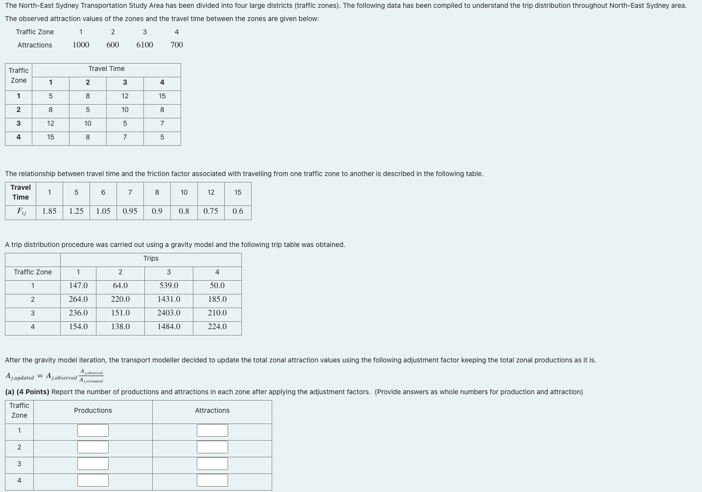 A trip distribution procedure was carried out using a gravity model and the following trip table was obtained. \( A_{j, \text