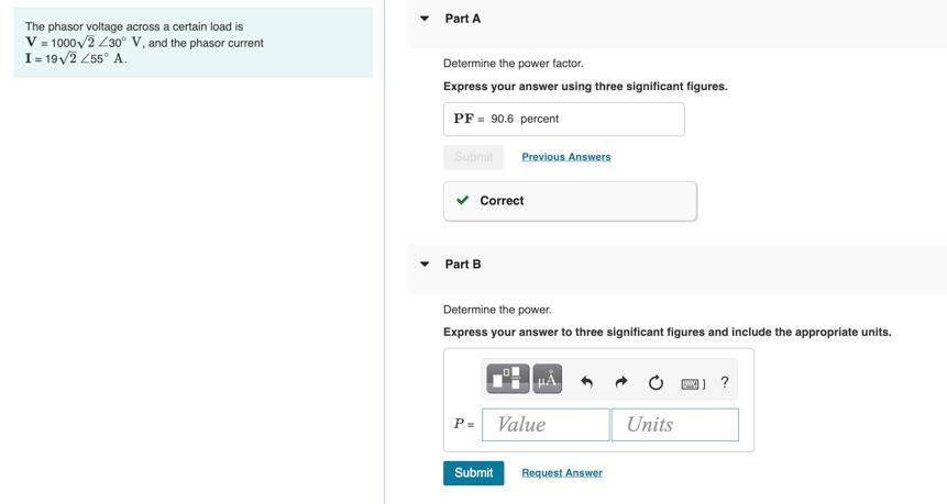 Solved The phasor voltage across a certain load is Part A | Chegg.com