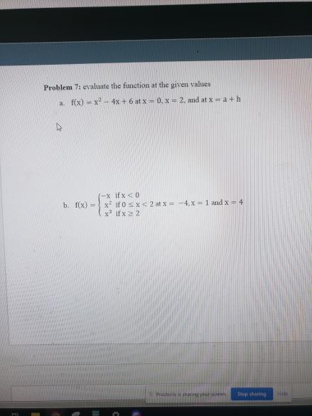 Solved Problem 7: evaluate the function at the given values | Chegg.com