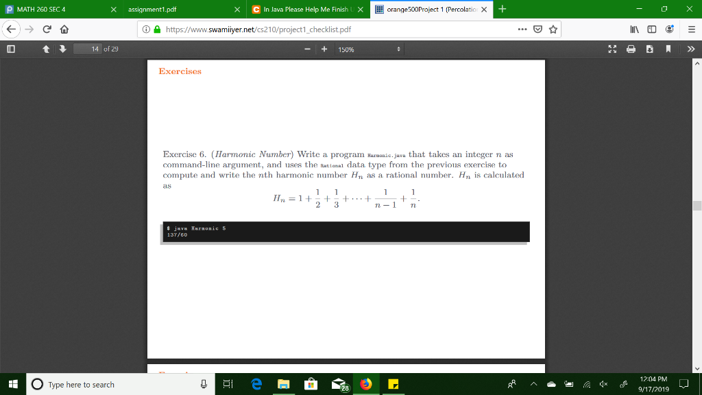 Solved MATH 260 SEC 4 X assignment1.pdf X C In Java Please | Chegg.com