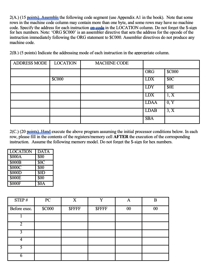 A List Code Segment Example 2(A.) (15 points) Assemble the following code segment | Chegg.com