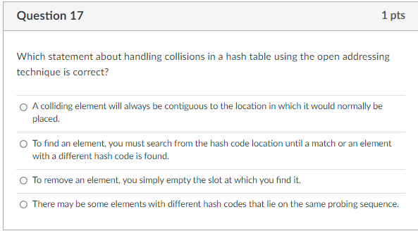 Solved Question 16 1 pts The ___ technique for handling | Chegg.com