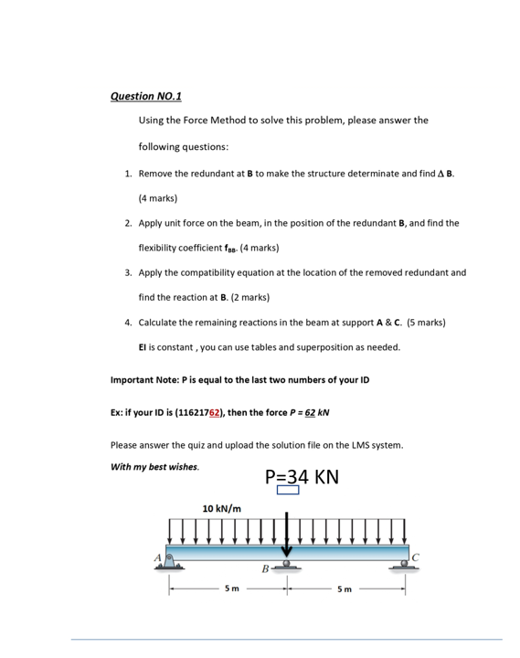 Solved Question NO.1 Using the Force Method to solve this | Chegg.com