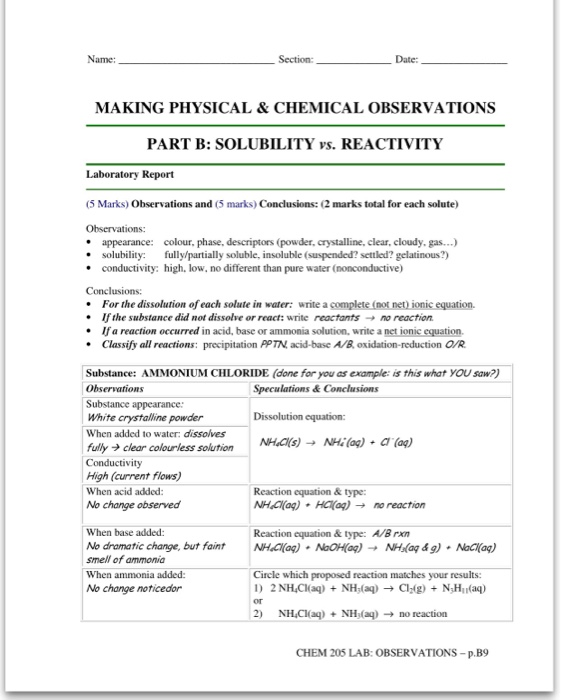 MAKING PHYSICAL & CHEMICAL OBSERVATIONS PART B: | Chegg.com