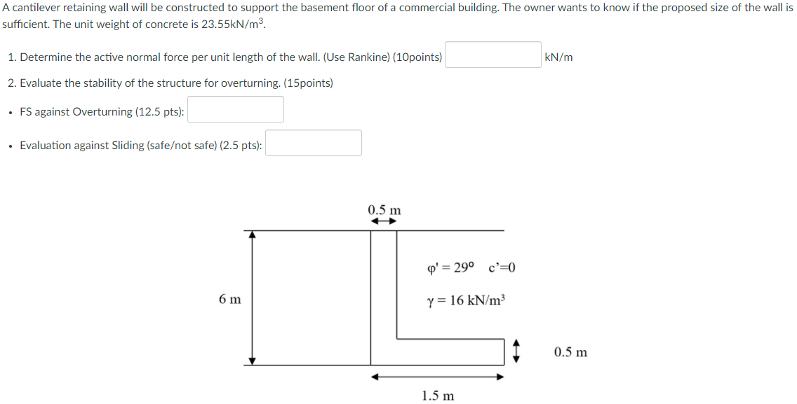 Solved A cantilever retaining wall will be constructed to | Chegg.com