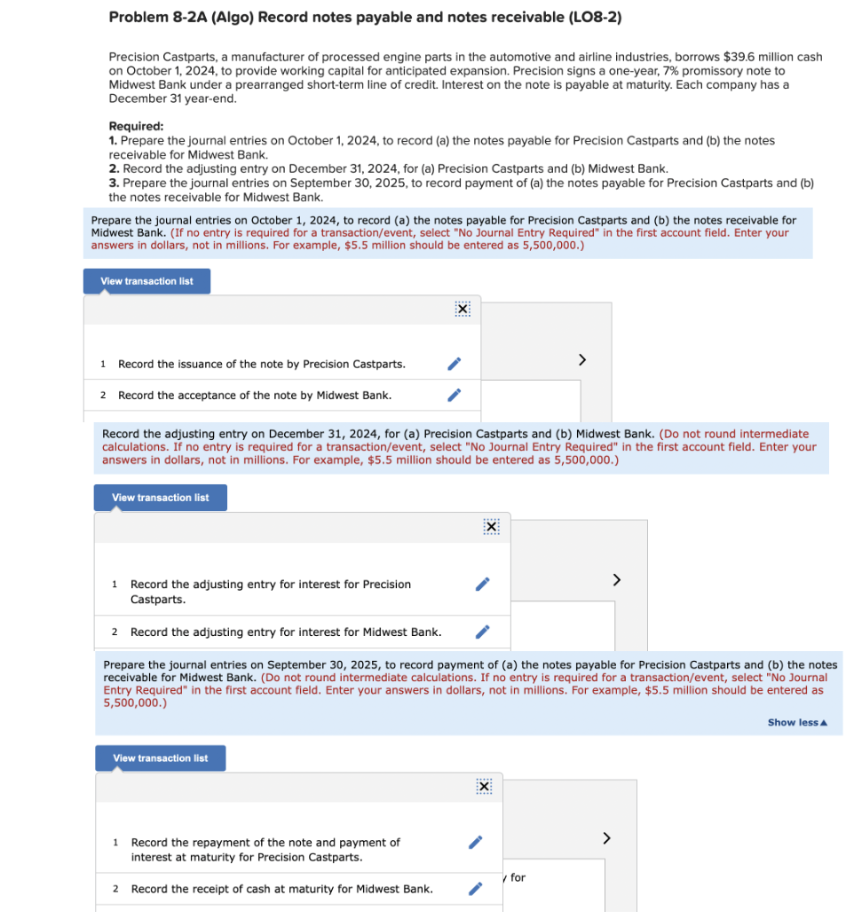 Solved Problem 8-2A (Algo) ﻿Record notes payable and notes | Chegg.com