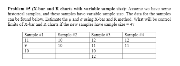 Problem #5 (X-bar and R charts with variable sample | Chegg.com