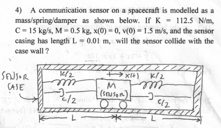 4) A communication sensor on a spacecraft is modelled as a mass \( / \) spring \( / \) damper as shown below. If \( \mathrm{K