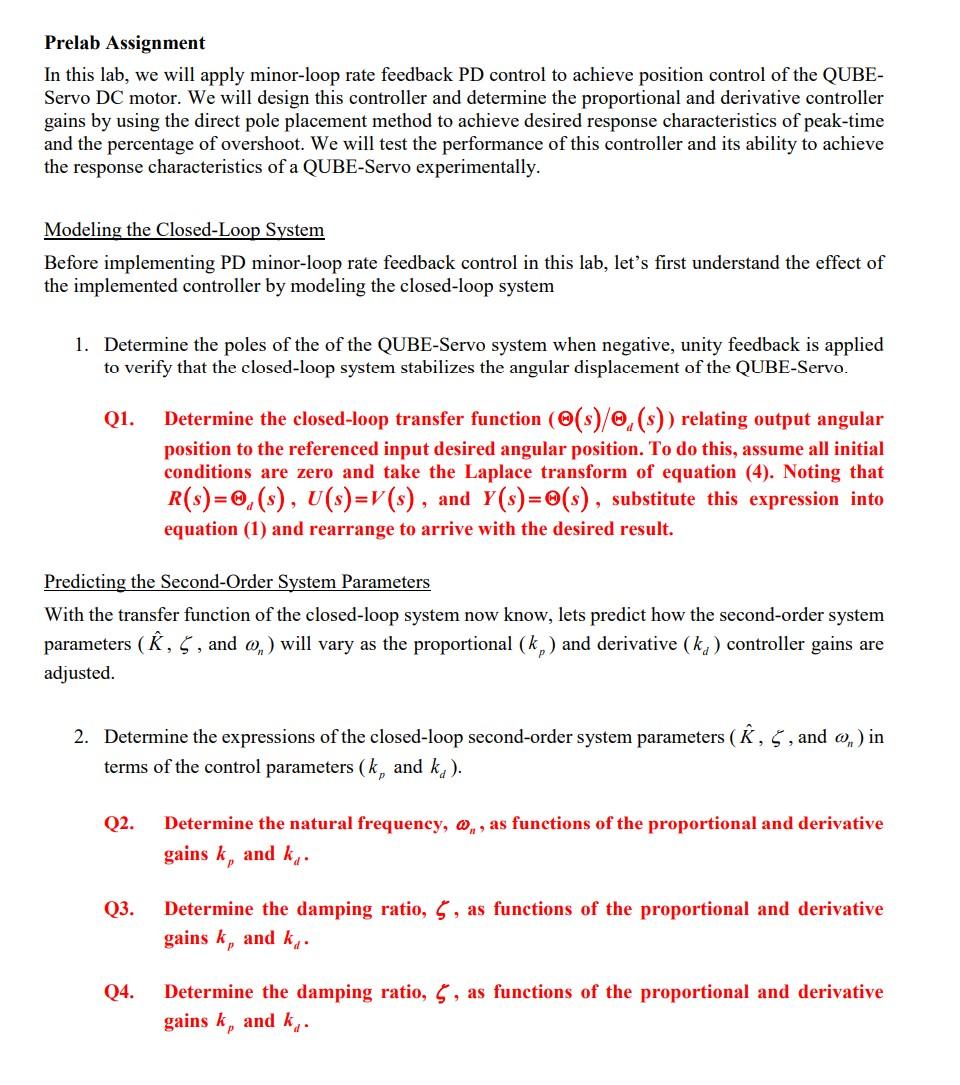 Solved PD Control Lab Background Servo Motor Model The