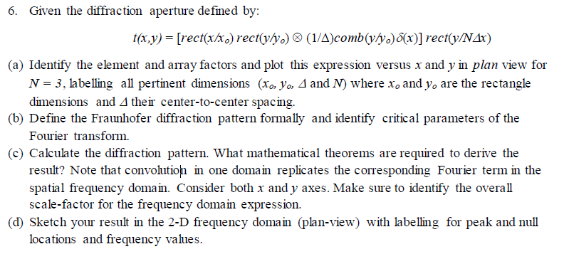 Solved 6. Given the diffraction aperture defined by: t(x,y) | Chegg.com