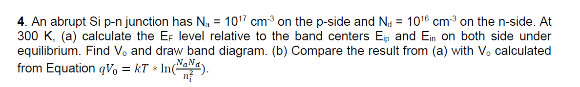 Solved 4. An abrupt Si p-n junction has Na = 1017 cm3 on the | Chegg.com