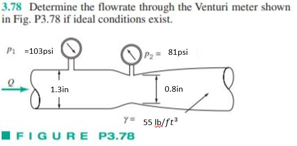 Solved 3.78 Determine the flowrate through the Venturi meter | Chegg.com