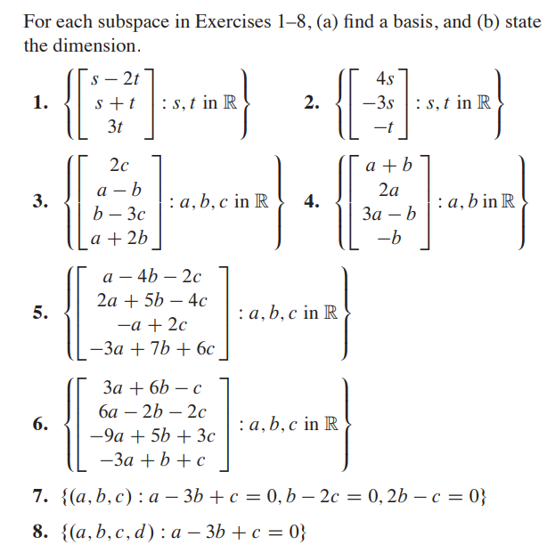 Solved For each subspace in Exercises 1-8, (a) find a basis, | Chegg.com