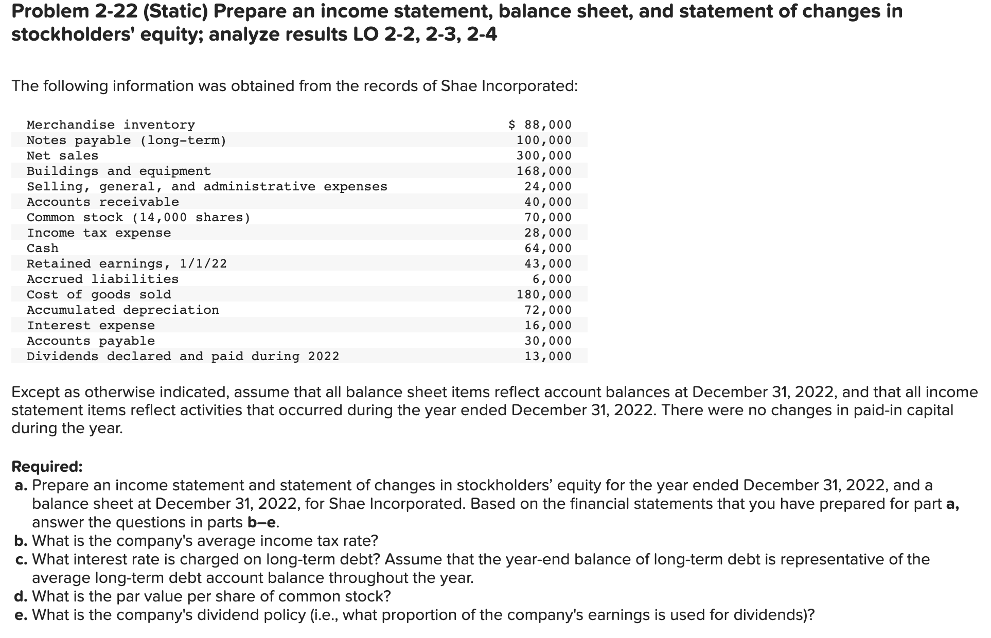 Solved Problem 2-22 (Static) Prepare an income statement, | Chegg.com